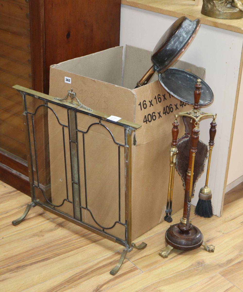 A glass and brass fire screen, a companion set and mixed brassware